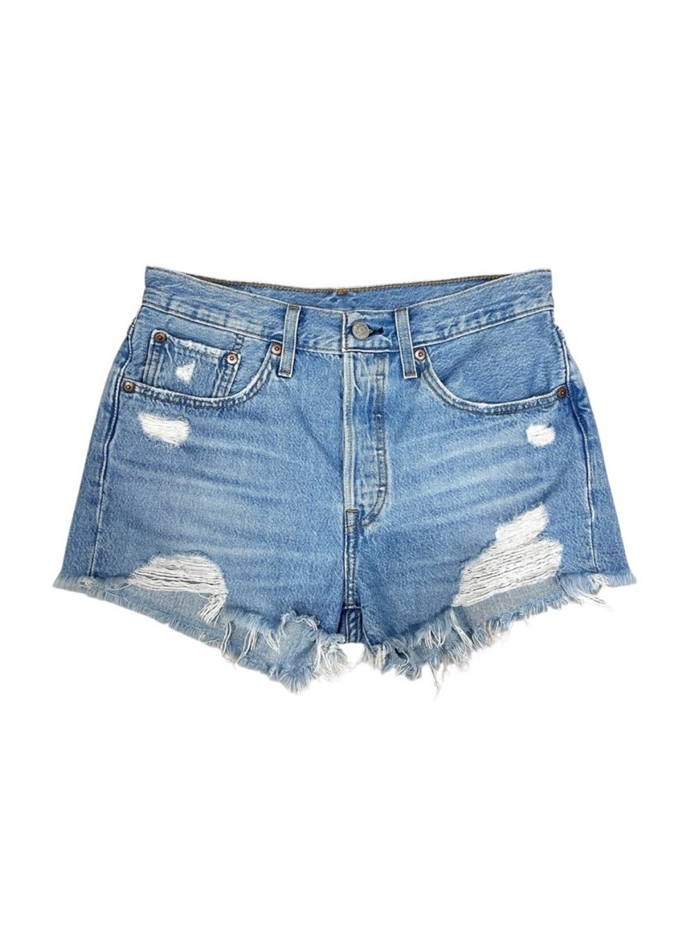 Levi’s 501 High Rise Button Fly Distressed Cutoff Rigid Denim Jean Shorts